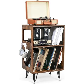 Vintage Record Player Stand Side Table Turntable Shelf with Storage Wooden Turntable Table Vinyl Holder with Metal Feet Holds 160 Albums for Living Room Bedroom Office