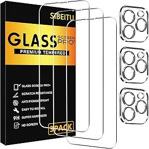 SIBEITU 3 Pack Screen Protector for iPhone 13 Pro with 3 Pack Camera Lens Tempered Glass Protector, 6.1 Inch HD Clear Glass Film 9H Hardness Full Coverage, Scratch Resistent, No Air Bubbles