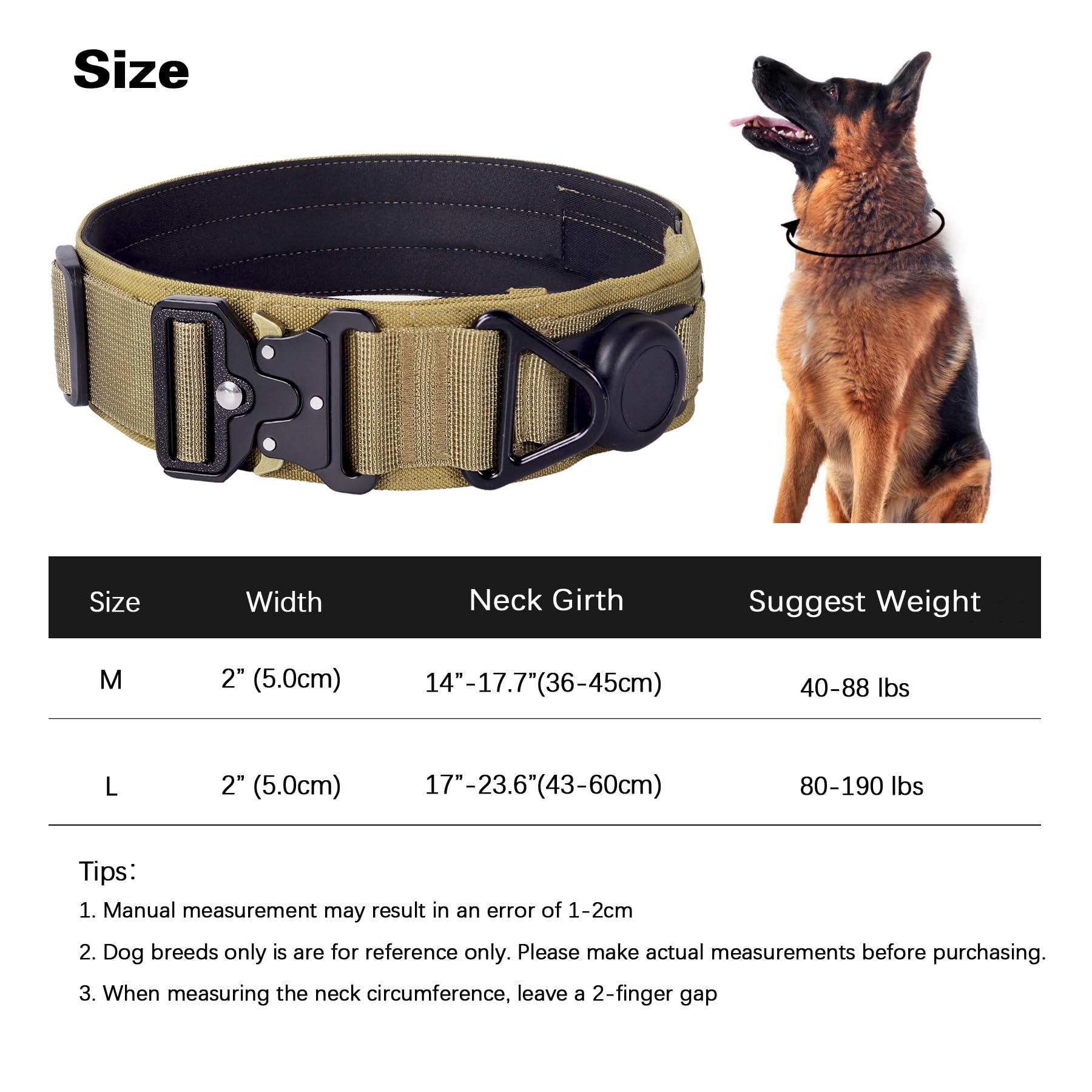 AirTag, Collare tattico militare per cani, largo 5,1 cm, con supporto AirTag e 3 toppe per animali domestici, morbido collare imbottito in nylon impermeabile con fibbia in metallo, per cani