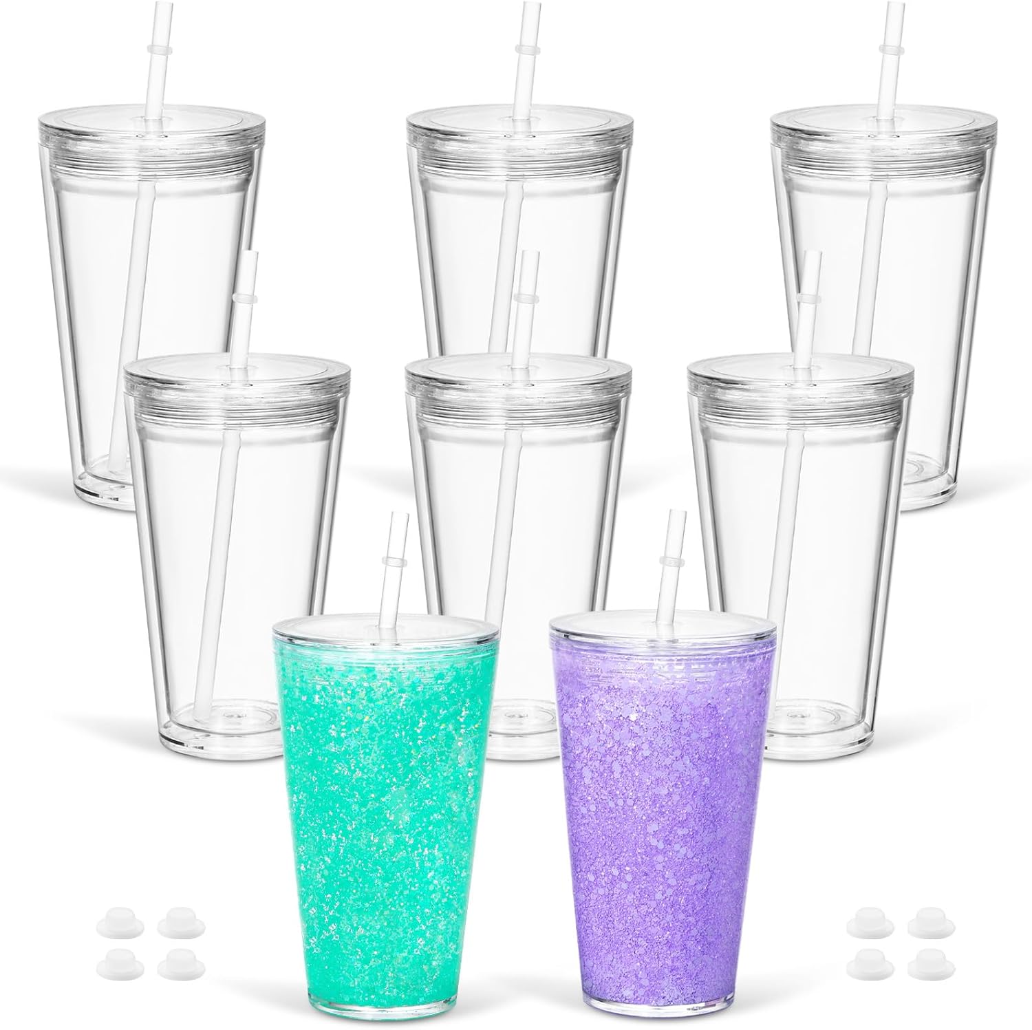 16 Oz Acrylic Kids Snowglobe Tumbler, 8 Pack Pre-Drilled Double Wall Plastic Snow Globe Cup for Glitter Snow Globe Diy