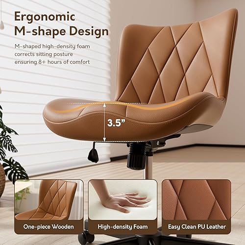 Miniatura 5 de Silla de escritorio sin brazos de cuero marrón, cojín ergonómico suave, altura ajustable, balanceo, oficina en casa