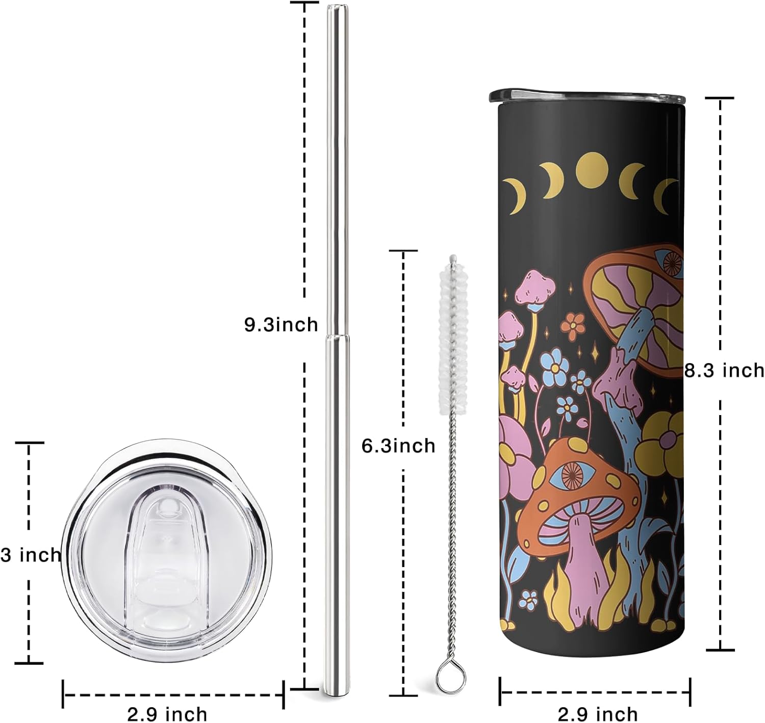 Mushroom Skinny Tumbler With Straw and Lid, Stainless Steel 20oz Coffee Travel Mug, Cute Moon and Mushroom Cups for Mushroom Lovers Gifts for Women and Girls - Image 6