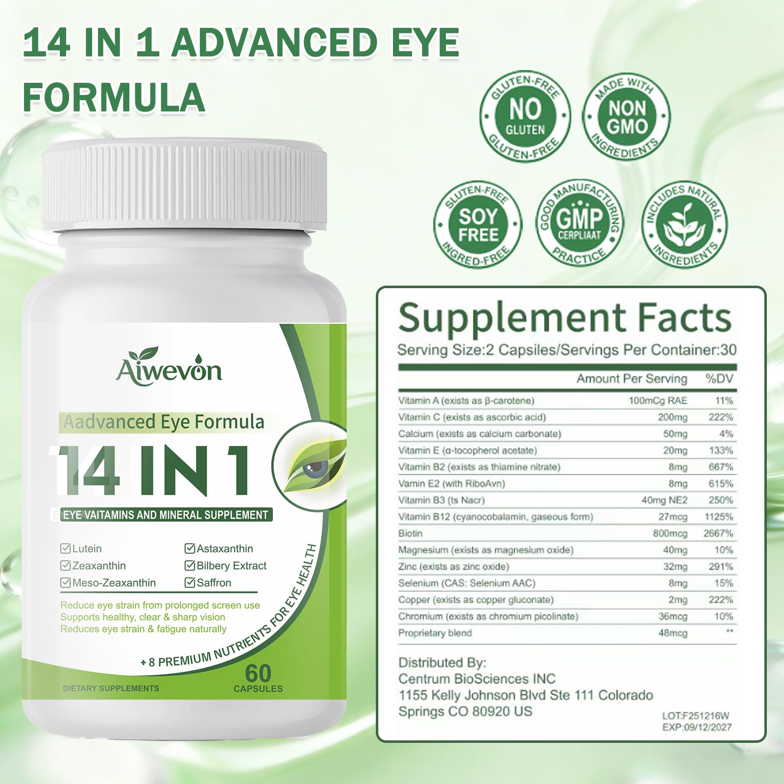 14 in 1 Eye Vitamins Supplement for Vision & Eye Health – Lutein and Zeaxanthin Macular Support Formula for Clear Vision – Eye Supplements for Adults & Seniors, 60 Capsules — Amazon image 3
