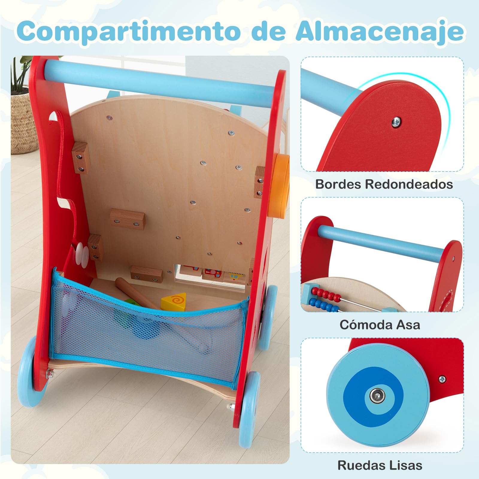 COSTWAY Andador Bebes de Madera, Andador de Empuje con Asa, Almacenaje y Ruedas, Juguete de Actividades de Empuje y Tirón, Correpasillo Montessori de Sentado a de Pie para Niños de 3+ Años