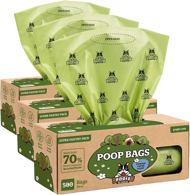 Bolsas para Fezes de Cães Grandes Pogi's Pet Supplies, Extra Grandes, Aroma Powder Fresh, 1.500 Unidades