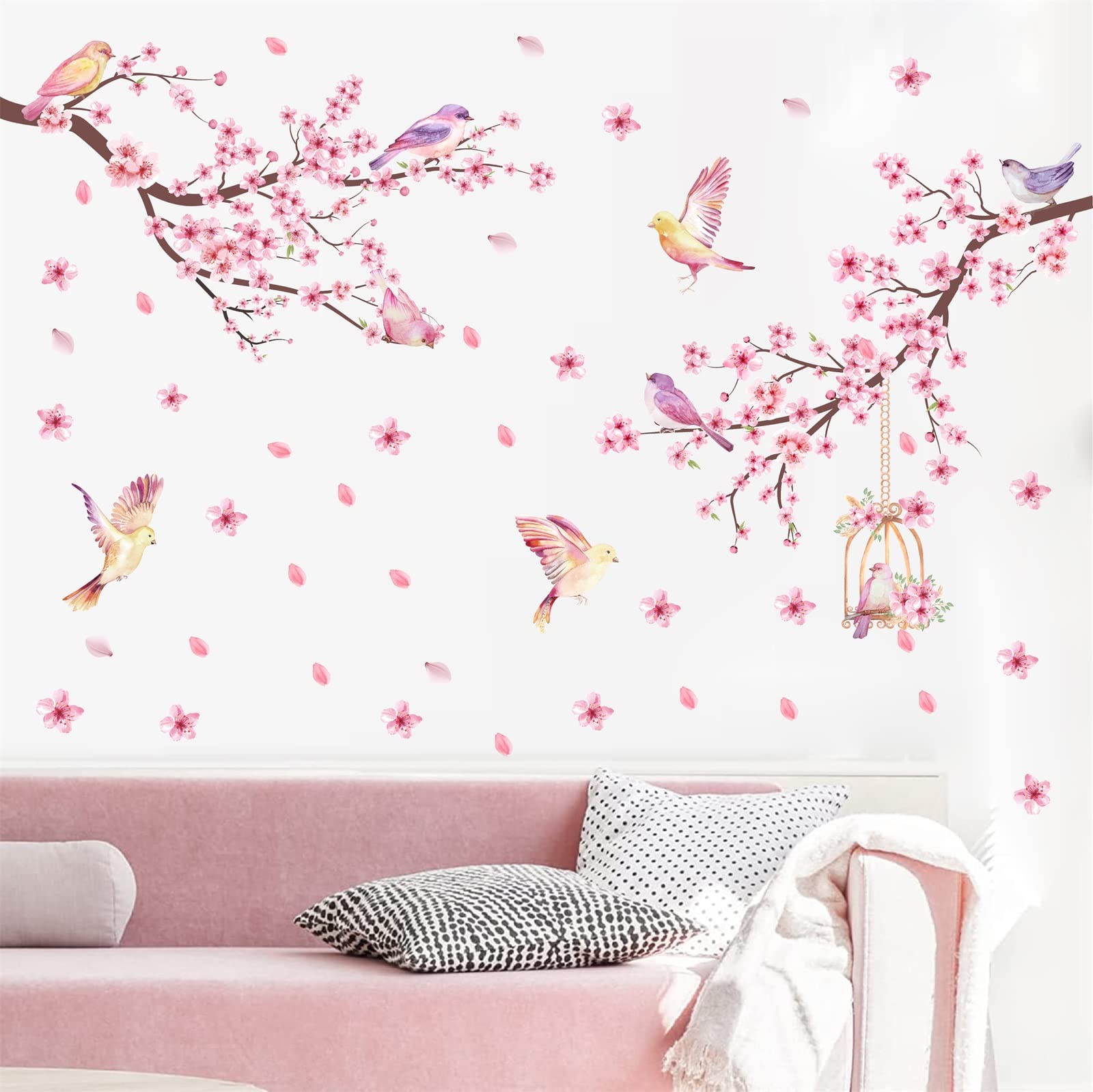 Easma Girls Cherry Blossom Wall Stickers Pink Flower Tree Branch Wall Decals For Bedroom Living Room Spring Floral Birds Wall Art Mural Peel And Stick For Kitchen Nursery Tv Background Wall Decoration