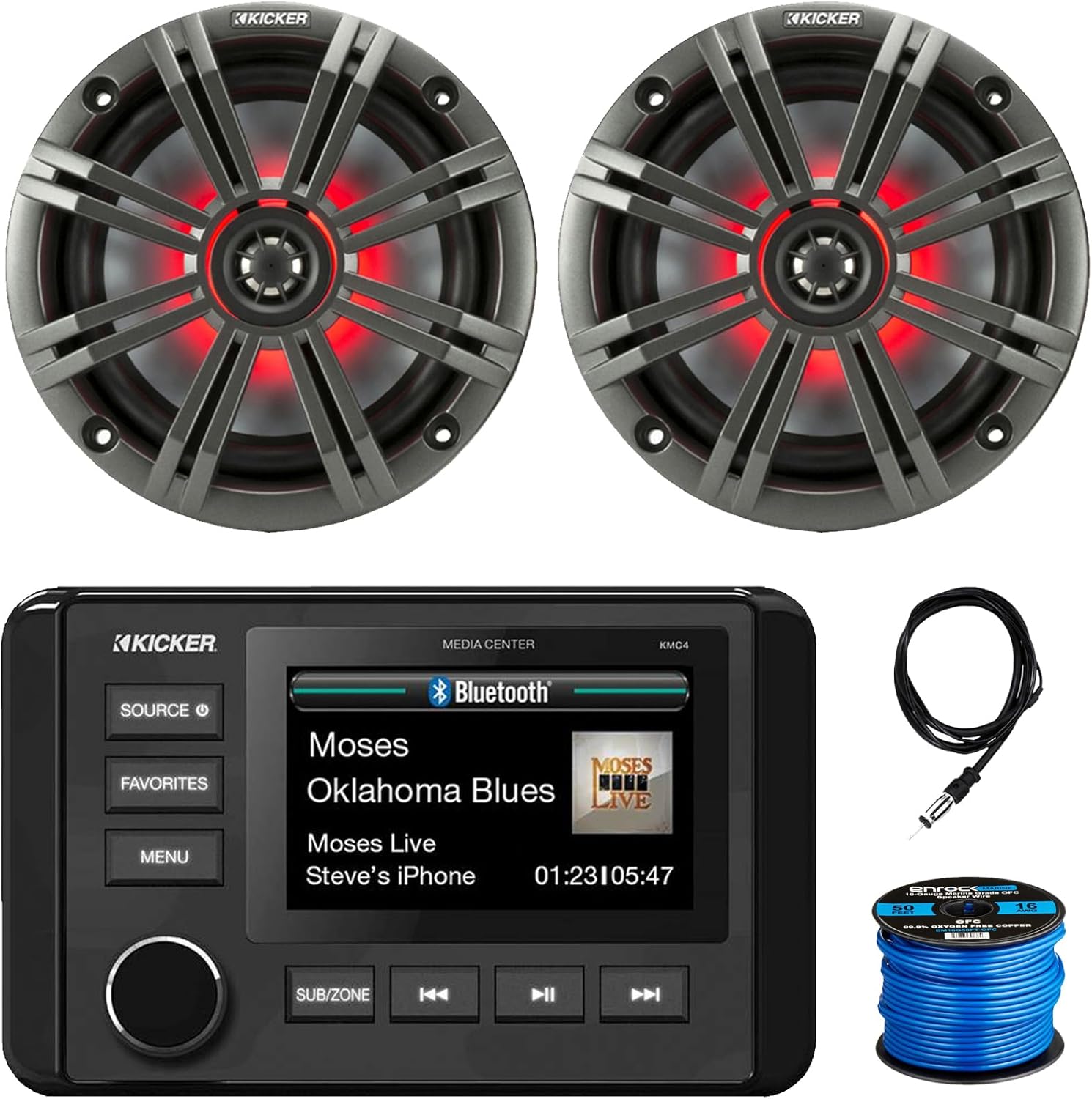 Kicker 51KMC4 3" LCD Marine Bluetooth Weather-Resistant Gauge-Style AM/FM WB/USB/AUX Media Center Receiver, 2x 6.5" 195W Peak Power RGB LED Coaxial Speakers W/Charcoal Grille, Antenna, Speaker Wire