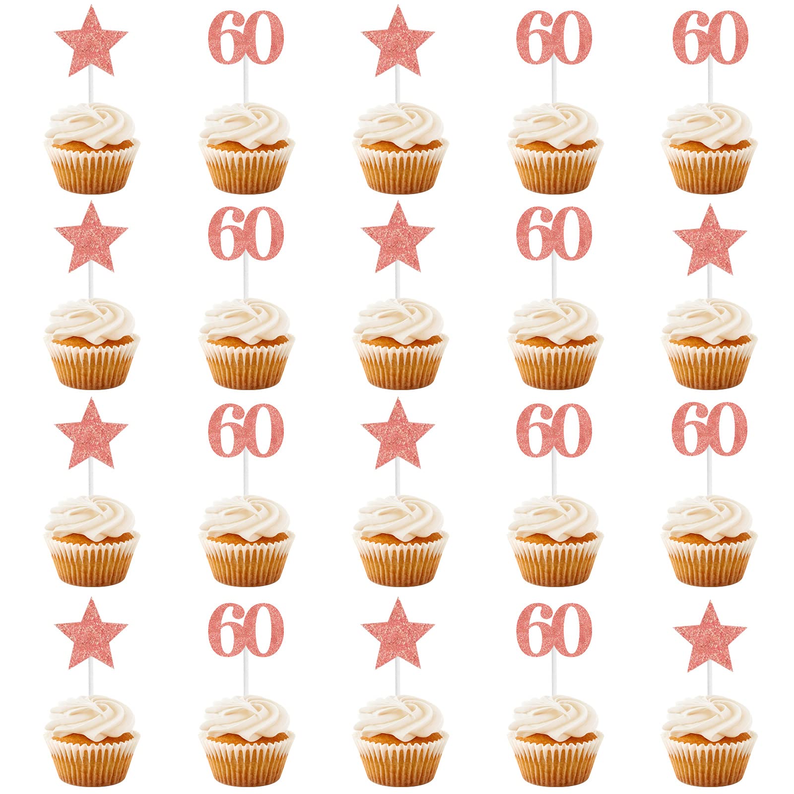 60th Birthday Cake Toppers Rose Gold, 60th Birthday Decorations Cake Topper for Women, 60th Cake Toppers with Star Cupcake Cake Topper Glitter Cake Decorations for Women Birthday Party Cake Supplies
