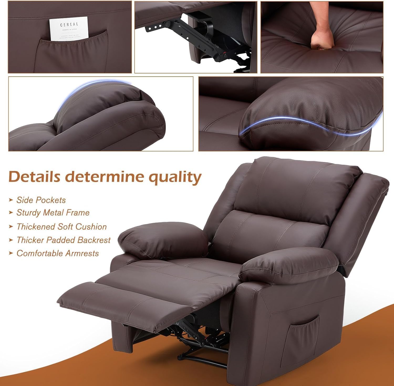 YODOLLA Fauteuil Relax, Fauteuil Salon Relax Ergonomique 150 kg, Fauteuil Moderne en Simili Cuir avec Commande Manuelle, Poches Latérales & Repose-Pieds (Marron)