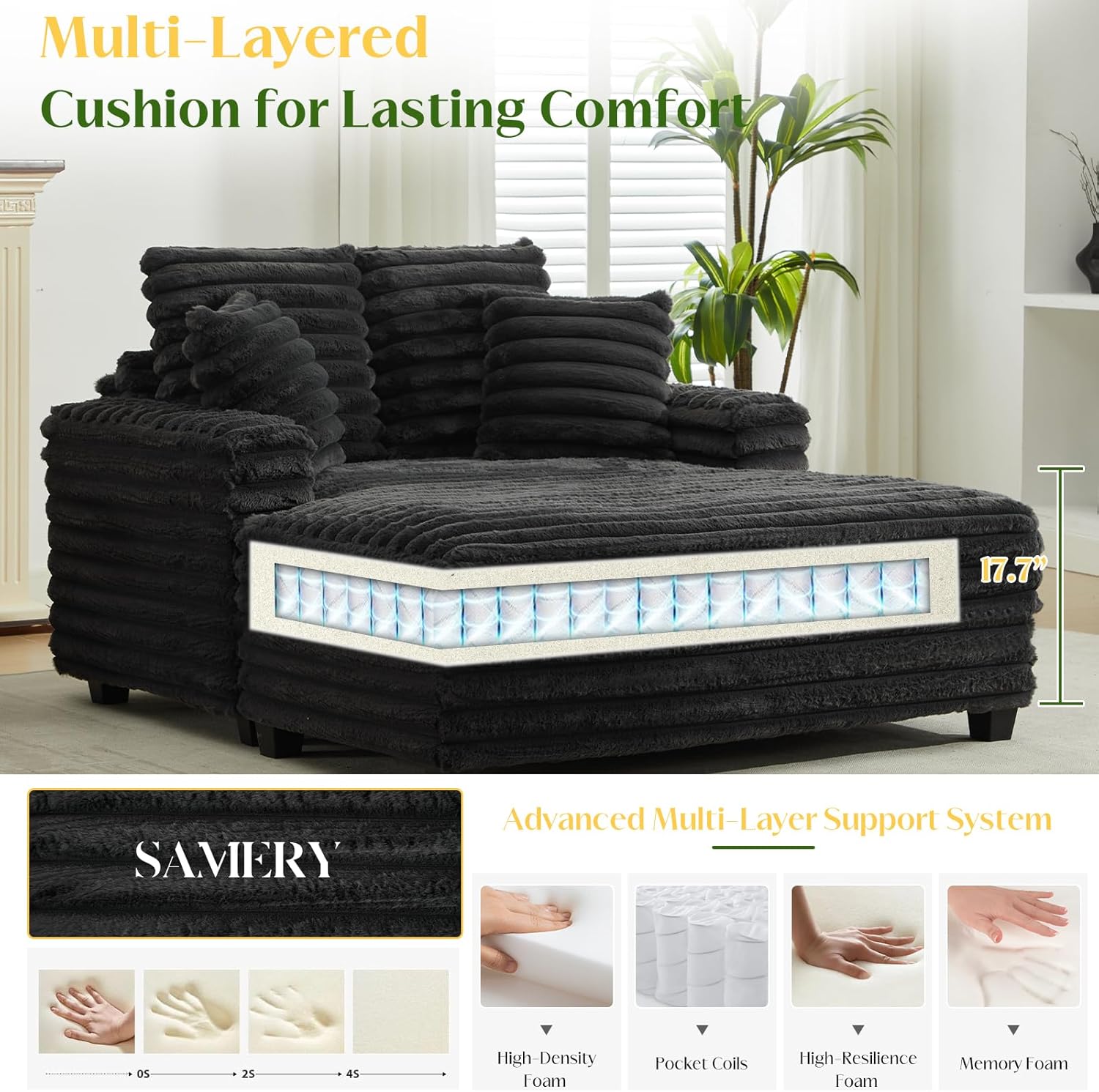 SAMERY 60'' Oversized Chaise Lounge Chair Indoor, Corduroy Upholstered Sleeper Sofa Bed, Deep Seat Sleeper Couch Cozy Reading Chairs, Cloud Sofas Couches for Living Room Bedroom Movie Room (Black)