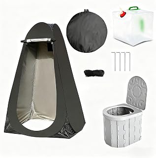 13inch Survival Tent Pop Up Emergency Shelter Camping Tent Set with Portable Toilet 5.3Gallon Folding Water Container with Spigot Outdoor Pravacy Travel Shower Tents with Carry Bags