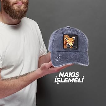 Perlotus Hayvan Desen Fox Tilki Tema Eskitme Pamuklu Şapka LACİVERT