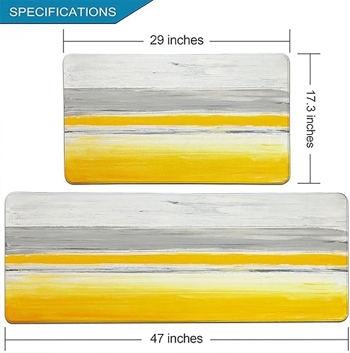 Miniatura 2 de Juego de 2 alfombras de cocina, antifatiga, antideslizante, impermeable, acolchado de PVC, gris claro, mimosa, amarillo, arte abstracto, cómodo