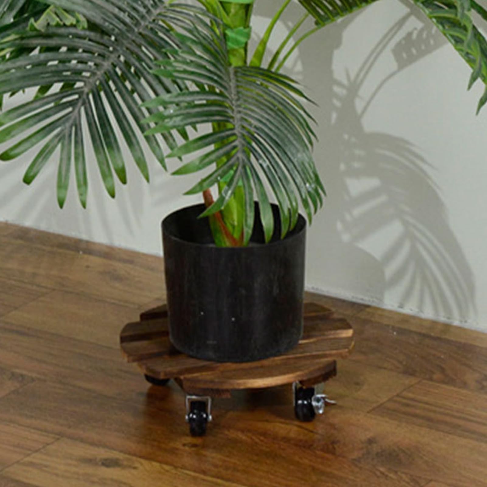 Pflanzkorb aus Holz mit Rädern, 35 cm, rundes Rolltablett, Buchen-Pflanzgefäßständer, Blumentopf-Basis, langlebige Edelstahl-Räder, leicht zu bewegen