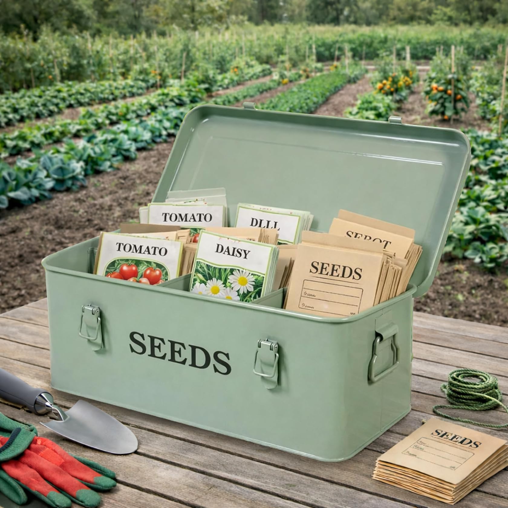 Boîte Graines Métal Verte 33 x 18 x 13 cm avec Étiquettes pour Jardin Box