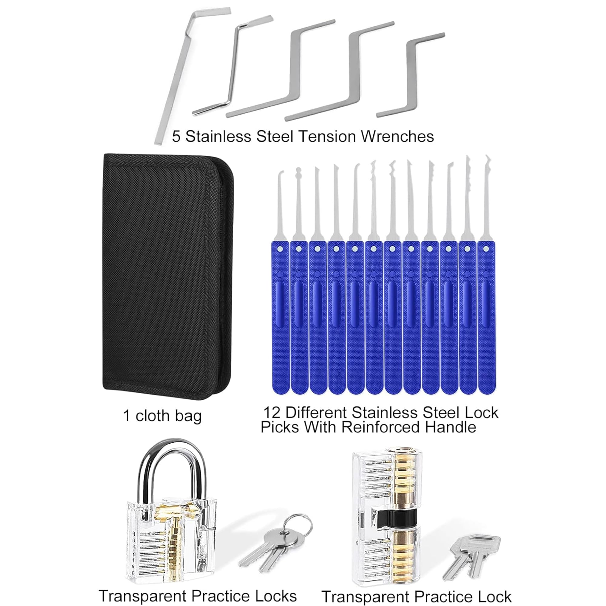 Set Grimaldelli Per Lock Picking - 32 Pezzi, Con 4 Lucchetti Trasparenti E Istruzioni - Per Principianti - Foto 12