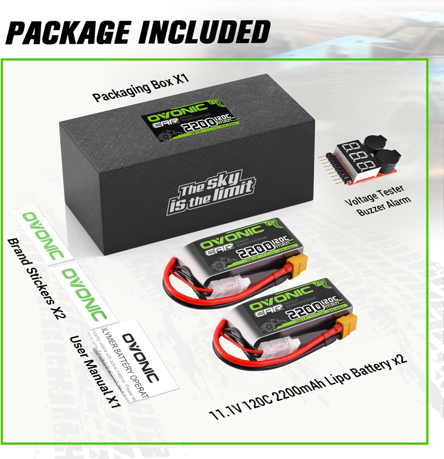 OVONIC 3S Short LiPo Battery 11.1V 2200mAh 120C with XT60 Plug for RC Car RC Truck Airplane Helicopter Boat Car Racing RC Hobby [2 Packs][77" D x 34" W x 26" H mm](with Lipo Voltage Checker)