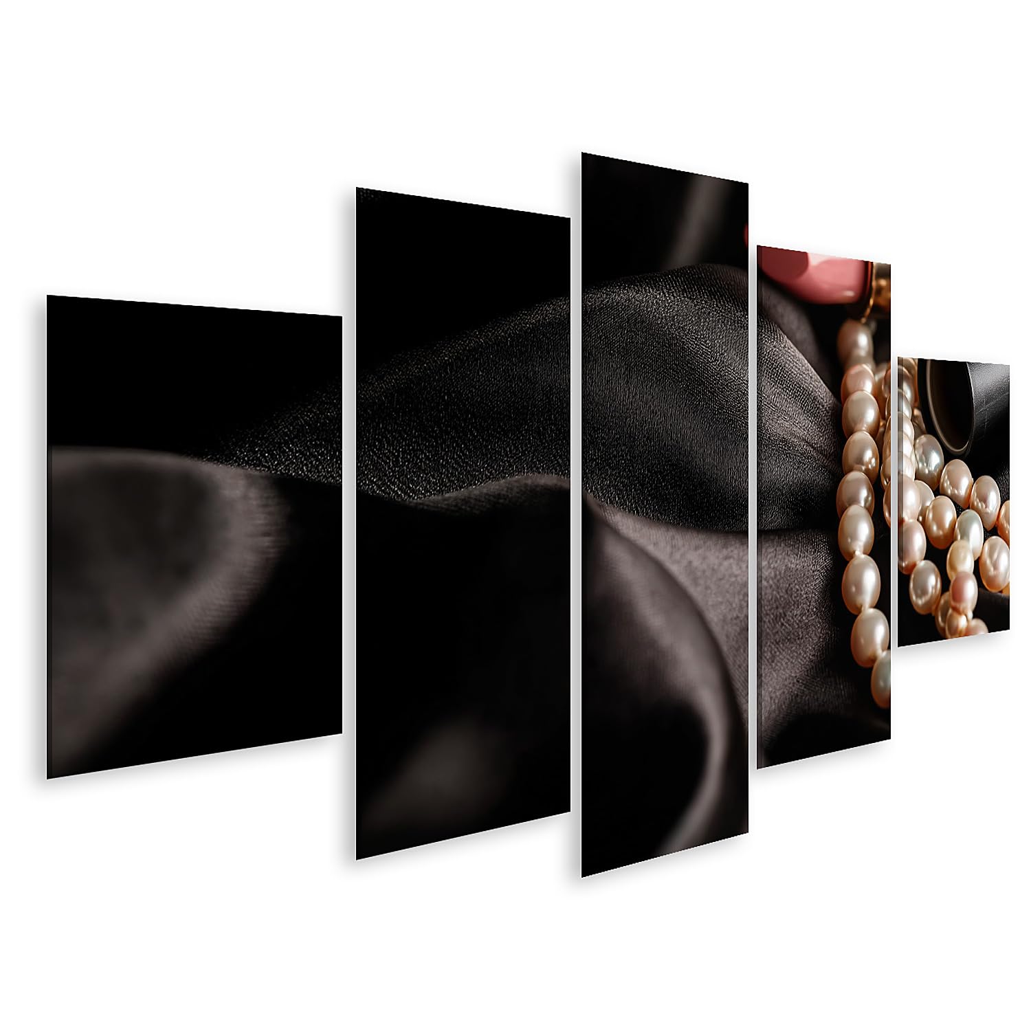 islandburner Bild auf Leinwand Elegante Perlenkette und Lippenstift auf schwarzem Satin - 5-teilig
