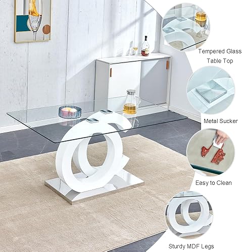 Miniatura 4 de Juego de mesa de comedor de 63 pulgadas para 6, juego de mesa de comedor de cristal moderno para 6, mesa de vidrio templado con 6 sillas ergonómicas