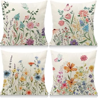 Outdoor Cushion Decorative 4 Cushion Covers Spring 45 x 45 cm Garden Cushion Colourful Flowers and Butterflies Cushion Cover for Home Sofa Garden