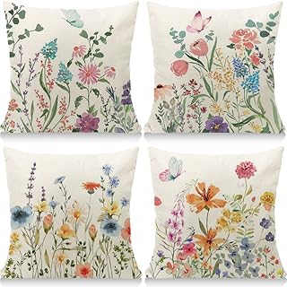 Outdoor Kissen Dekorative 4 er Kissenbezug Frühling 45 x 45 cm Gartenkissen Bunte Blumen und Schmetterlinge Kissenbezug Werden für Heim Sofak Garten