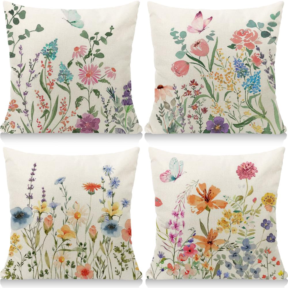 Outdoor Kissen Dekorative 4 er Kissenbezug Frühling 45 x 45 cm Gartenkissen Bunte Blumen und Schmetterlinge Kissenbezug Werden für Heim Sofak Garten