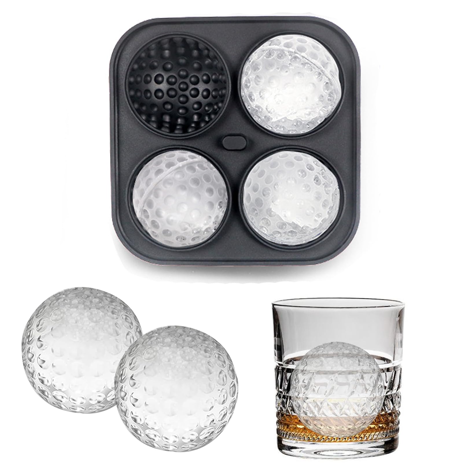 Golf Ice Cube Tray 3D, Admaison Ice Ball Cube Mold with Funnel for Cocktails, Bourbon,Brandy, Whiskey Gifts for Men, Silicone Fun Shapes Black (Golf Ball)