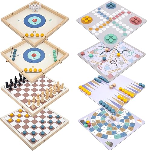 Eggsnow Juego de mesa de madera 8 en 1 para niños y adultos, combo de mesa clásico de viaje, colección de juegos de mesa portátiles con ajedrez,