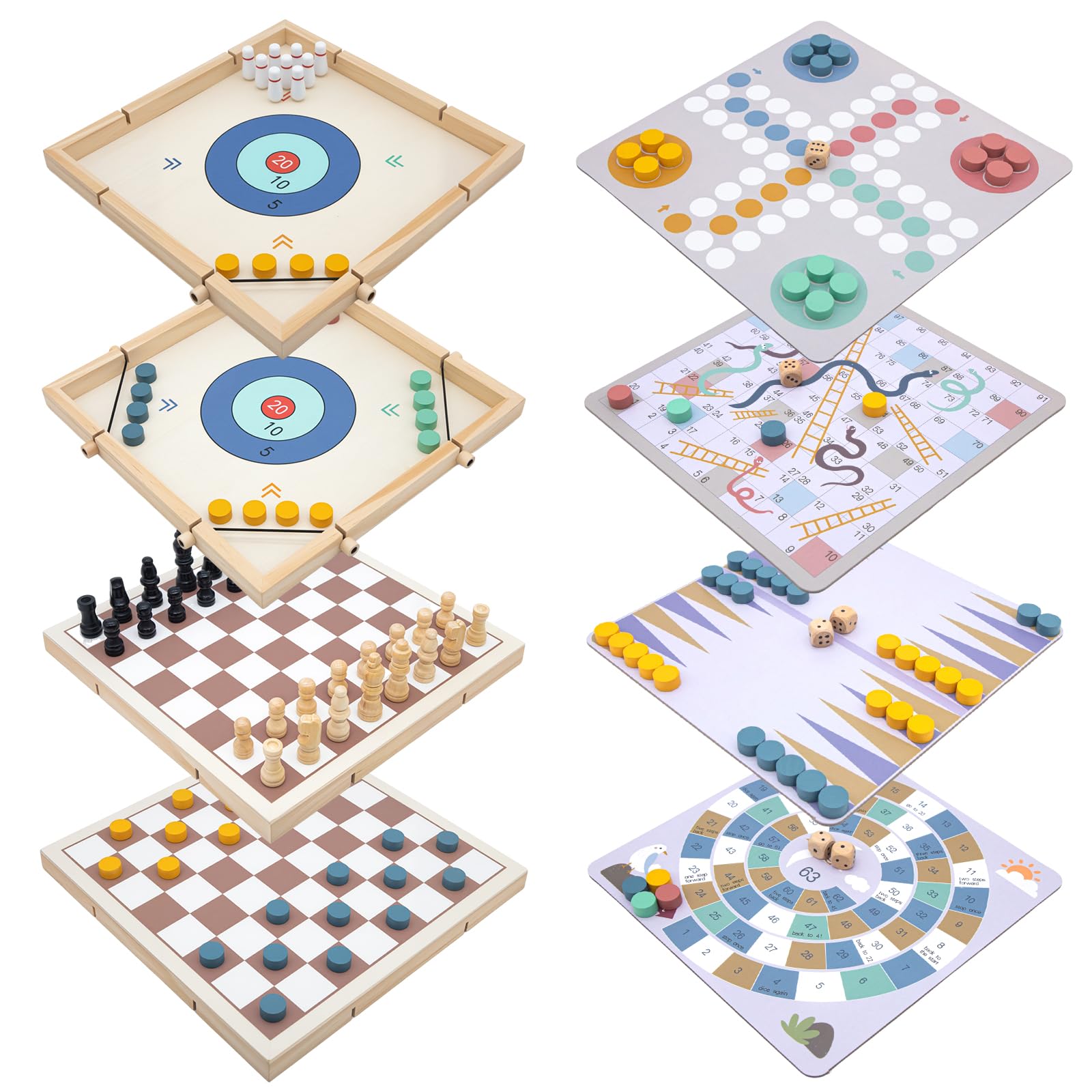 8 en 1 Set De Jeux De Société pour 2 à 4 Joueurs, Coffret de Jeux Classiques en Bois pour la Maison, Les fêtes, Les Voyages