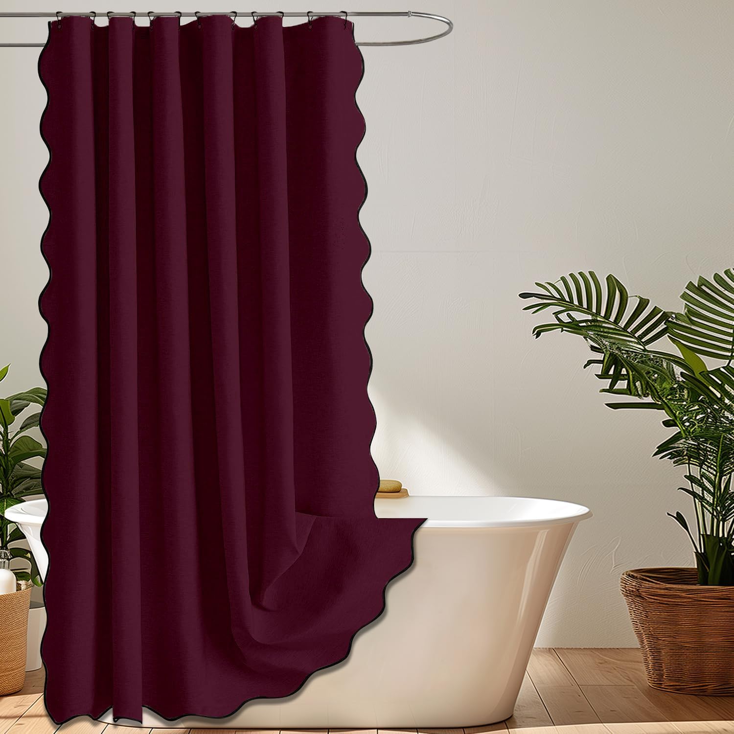 ENJOYBRIDAL Burgundy Scalloped Shower Stall Curtain 36x72 Boho Fabric Bathtub Curtain Textured Waterproof Modern Classy Bathroom Shower Curtain Design Farmhouse Washable Decorative Bath Curtain