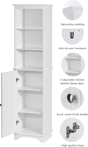 Miniatura 5 de Spirich Home - Armario de almacenamiento independiente con estantes de tres niveles gabinete alto y delgado torre de lino independiente color blanco