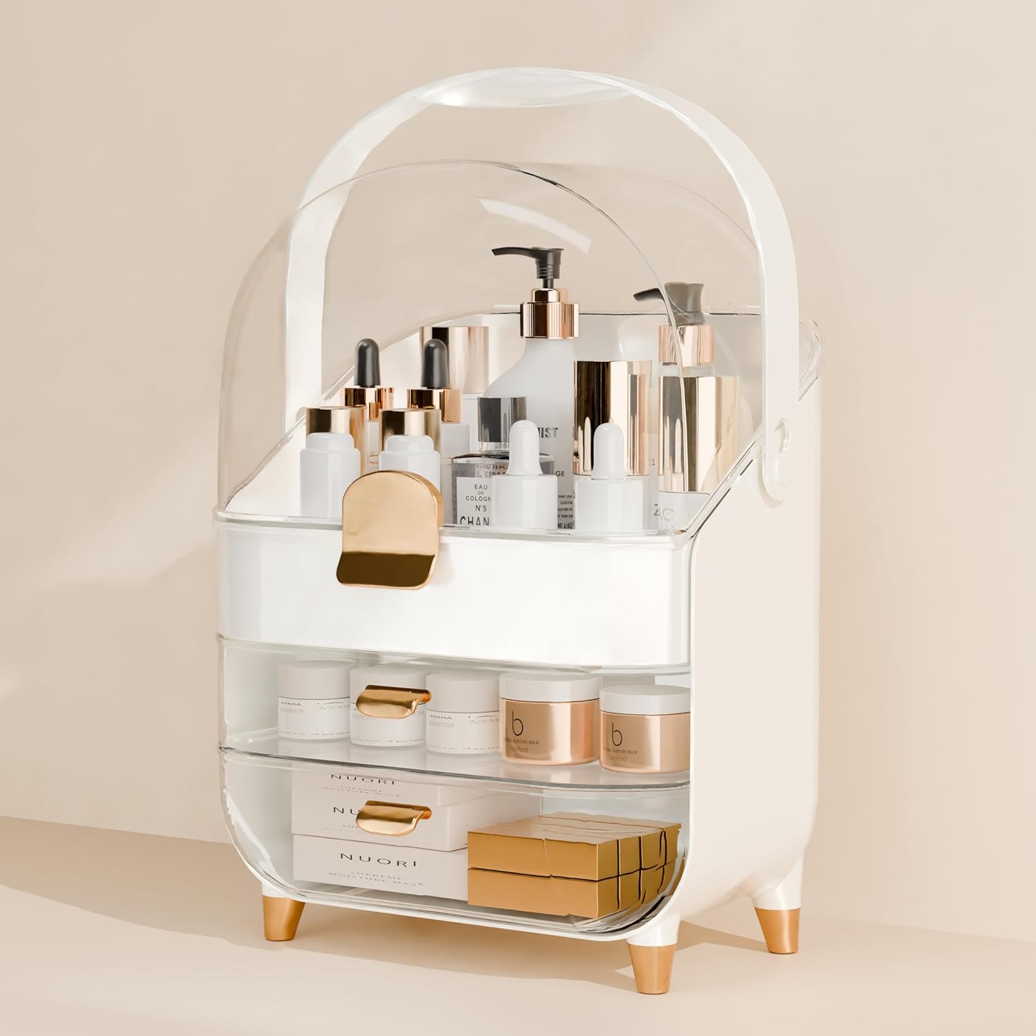 Makeup Organizer Countertop With Lid And Drawers Large Skin Care Cosmetic Display Case Holder for Vanity Desk Bathroom Storage Box,White White Large