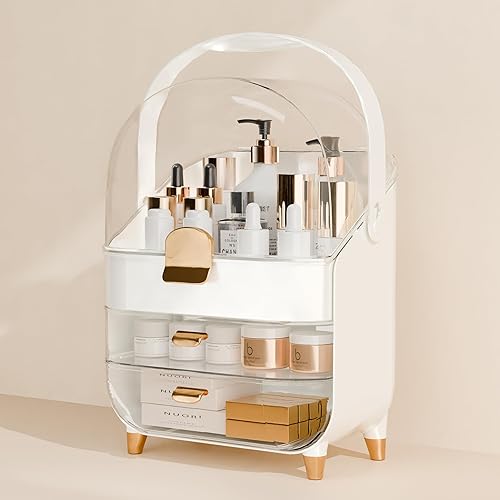 Miniatura 7 de Organizador de maquillaje para encimera con tapa y cajones, grande, caja expositora de cosméticos para el cuidado de la piel, soporte para tocador