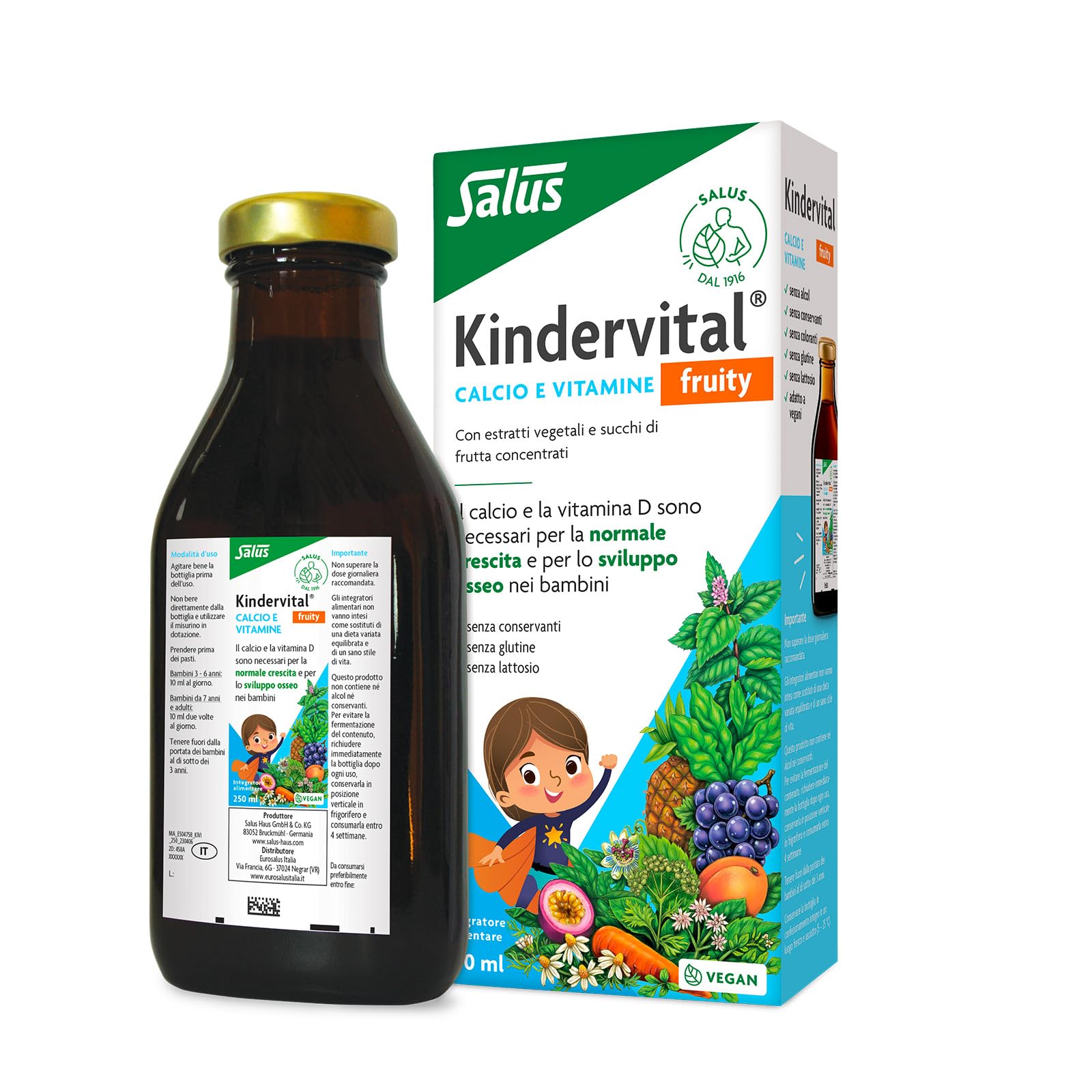 Salus Kindervital - Integratore Alimentare per il supporto alla crescita dei bambini con Calcio e Vitamine, gusto frutta - 250ml