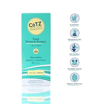 COTZ Face Prime & Protect Non-Tinted Mineral Sunscreen and Facial Primer Broad Spectrum SPF 40; PA++++ 1.5 oz / 42.5 g.