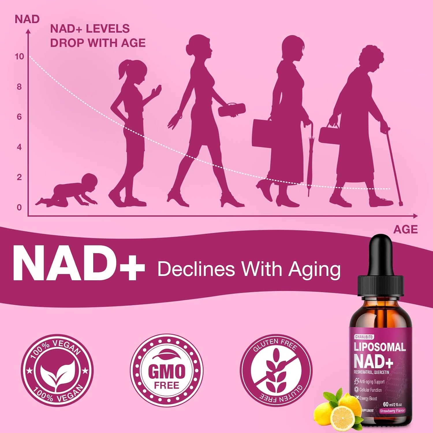 Liposomal NAD+ Liquid Drops with Resveratrol & Quercetin – 1200mg NAD+ Supplement for Anti-Aging, Brain & Cellular Energy – Vegan, Non-GMO, Strawberry Flavor, 2 Fl Oz - Image 6