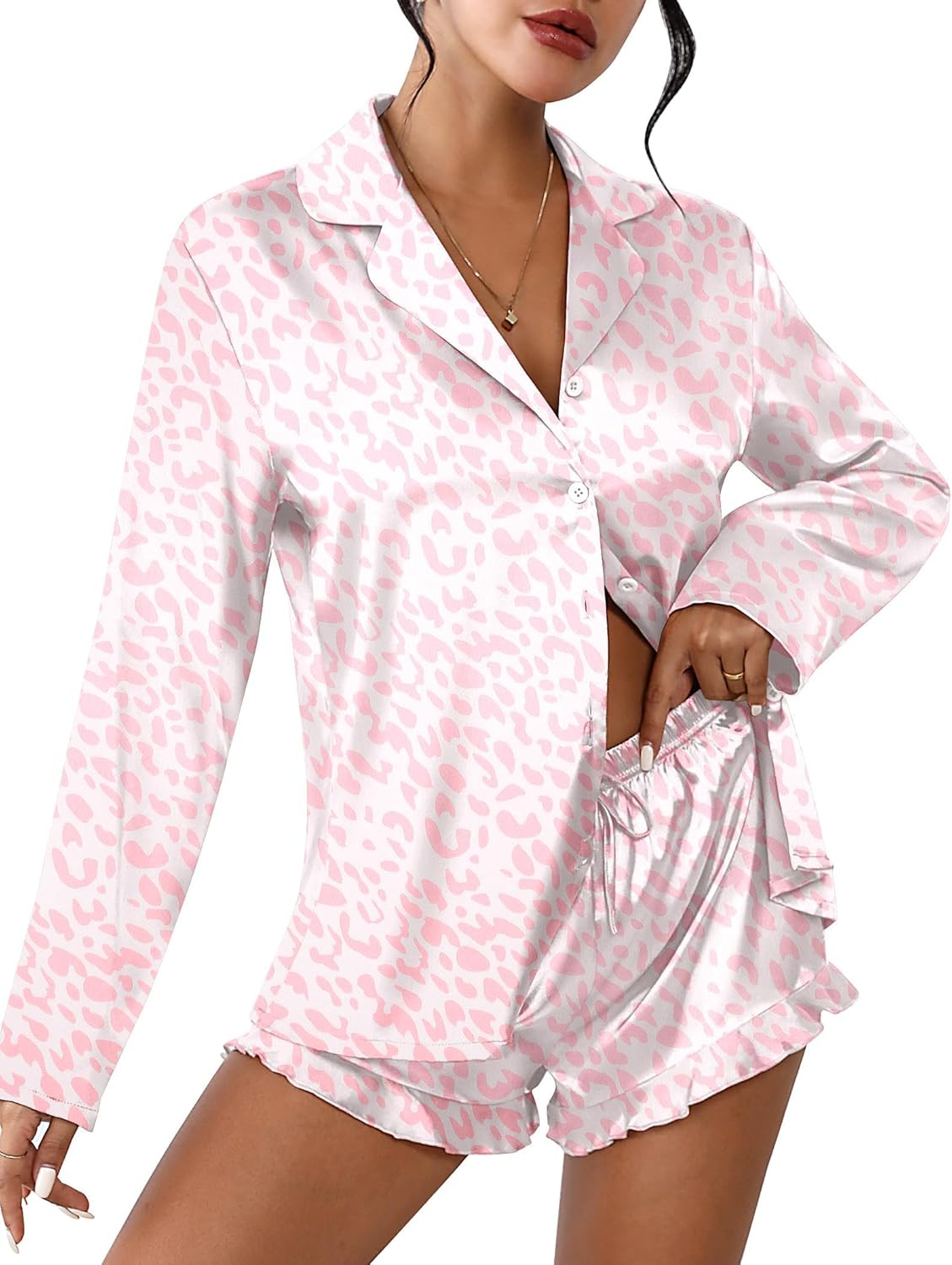 Ekouaer Womens Satin Pajama Sets Long Sleeve Top and Shorts Lounge Set Button Down Sleepwear