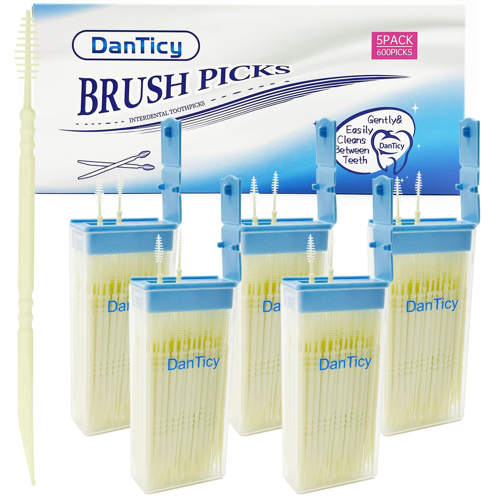 DanTicy Brushpicks Interdental Zahnstocher, weiche Borsten Zahnseide Picks Zahnstocher, hilft entfernt Plaque und Ablagerungen zwischen den Zähnen 600PCS (Packung mit 5) Kokosnuss