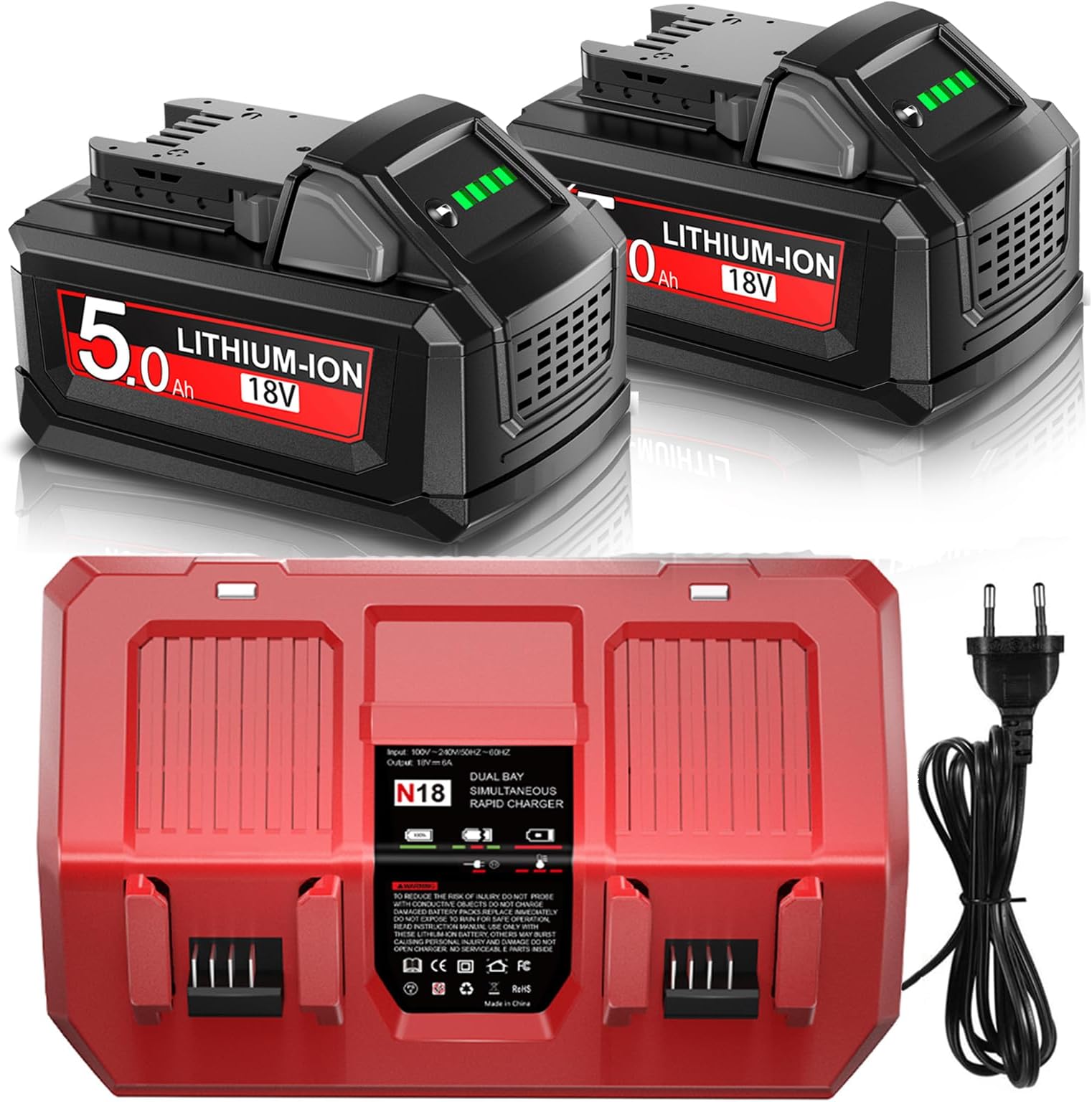 2 x 18 V 5.0 Ah/5000 mAh replacement batteries for Milwaukee and DC18RC charger compatible with M18B 48-11-1840 48-11-1850 48-11-1828 48-11-1815 48-11-1820 48 -11-1 822 48-59-1812 48-59-1806 48-59
