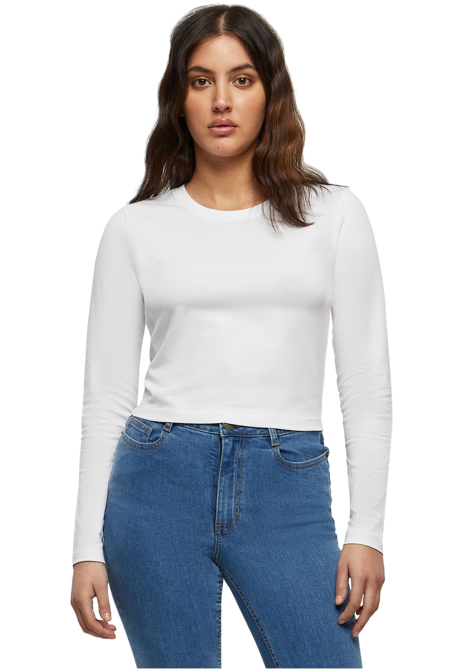 Build your Brand Women's Short Long-Sleeved T-Shirt, White, L
