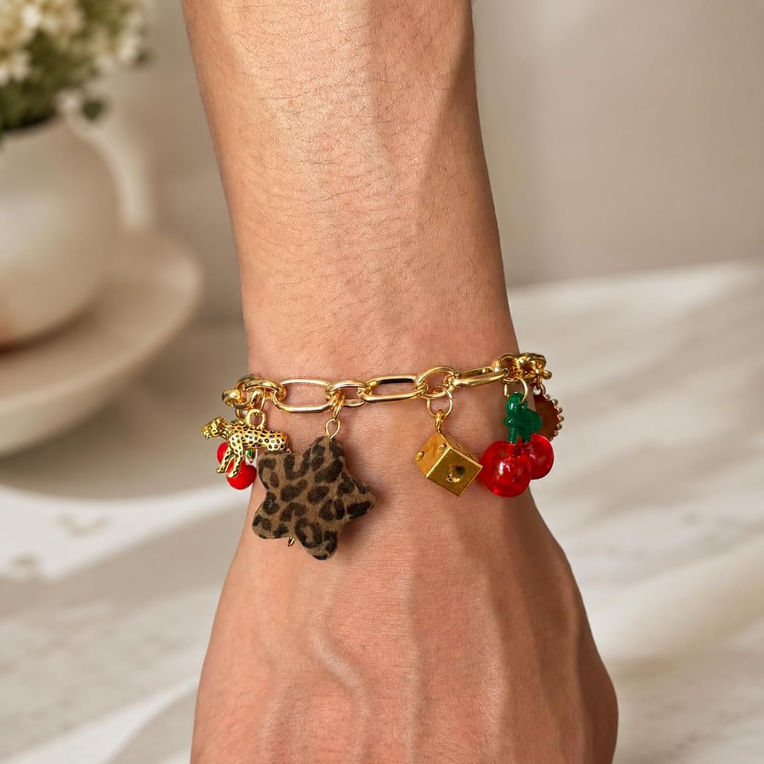 Y2K Cherry Charm Bracelet for Women, Gold Chunky Chain Leopard Print Bracelet with Dice Star Heart Charms Cute Aesthetic Indie Coquette Jewelry Gift