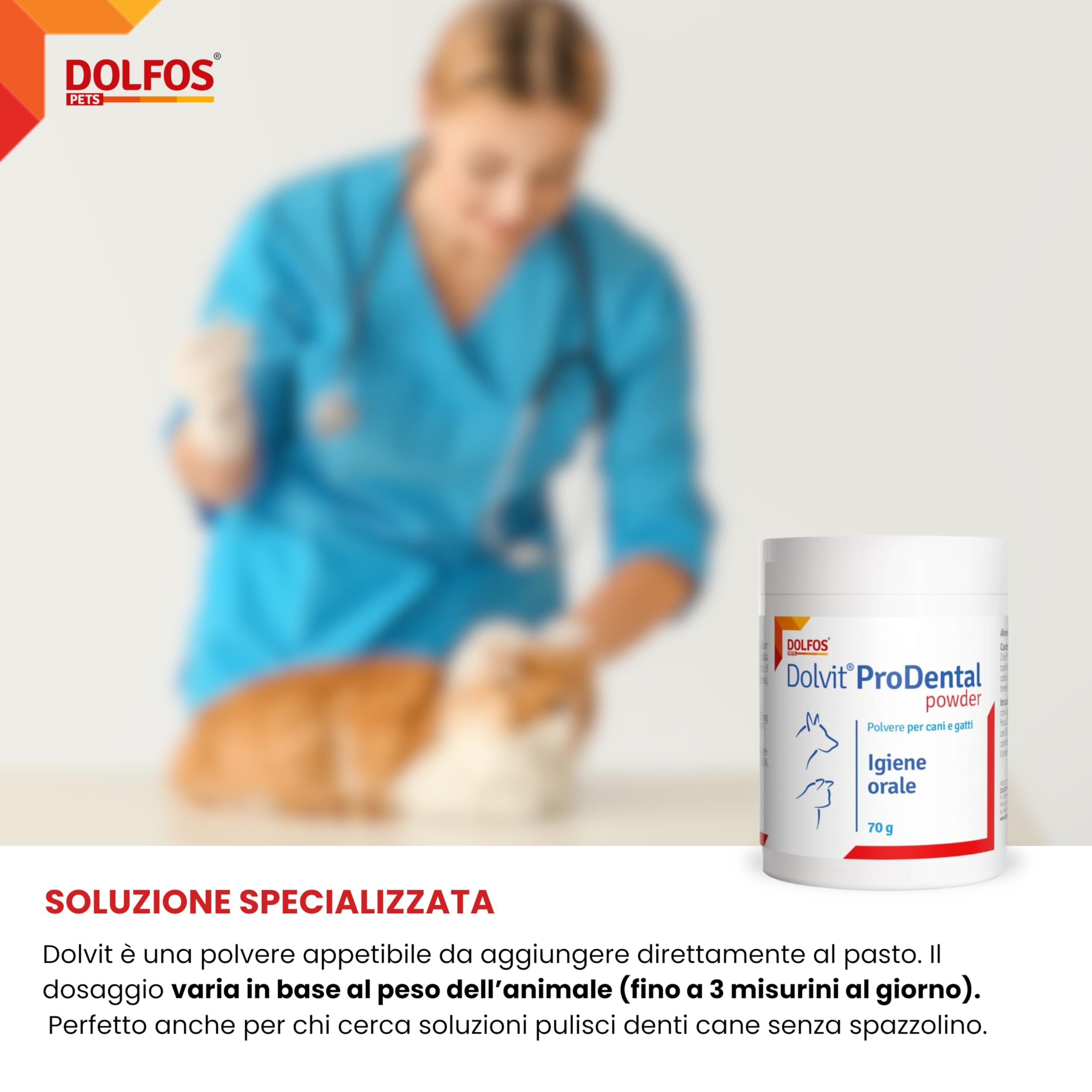 Dolvit Prodental Integratore per Igiene Orale Cane Gatto - Pulizia Bocca Cani e Gatti dai Batteri - Rimuove Placca, Tartaro e Alitosi Rendendo Fresco l’Alito - Confezione da 70 gr