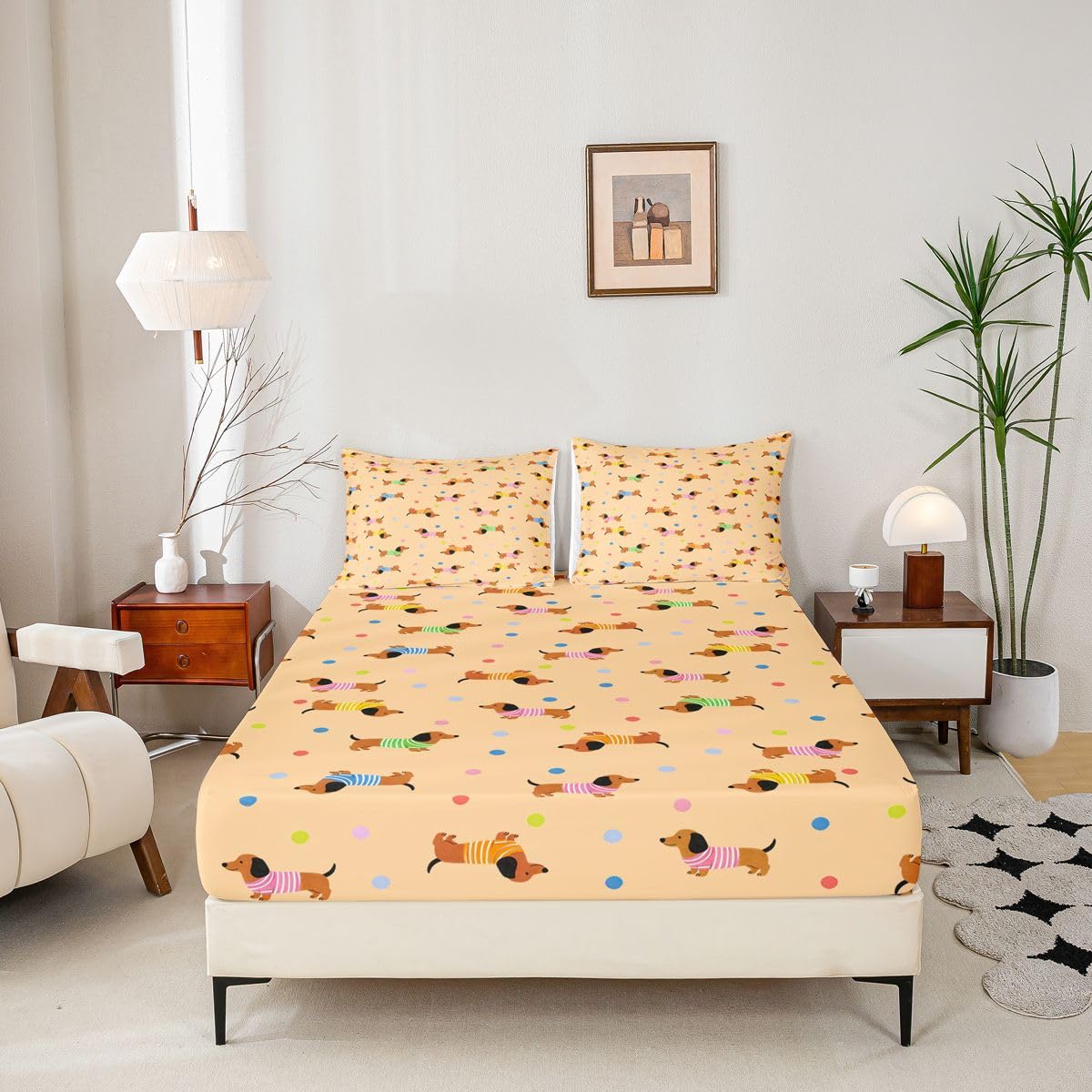 Manfei Sábana bajera ajustable de lunares tamaño King, juego de ropa de cama de perro kawaii de 3 piezas, sábanas de lunares lindos con 2 fundas de almohada, decoración de habitación de niños y niñas