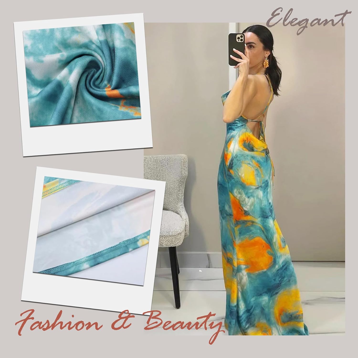 2025 Women's Summer Elegant Sleeveless Dress，Tie-Dye Color Block Backless Low Cut Bust Bodycon Maxi Dress - Image 5