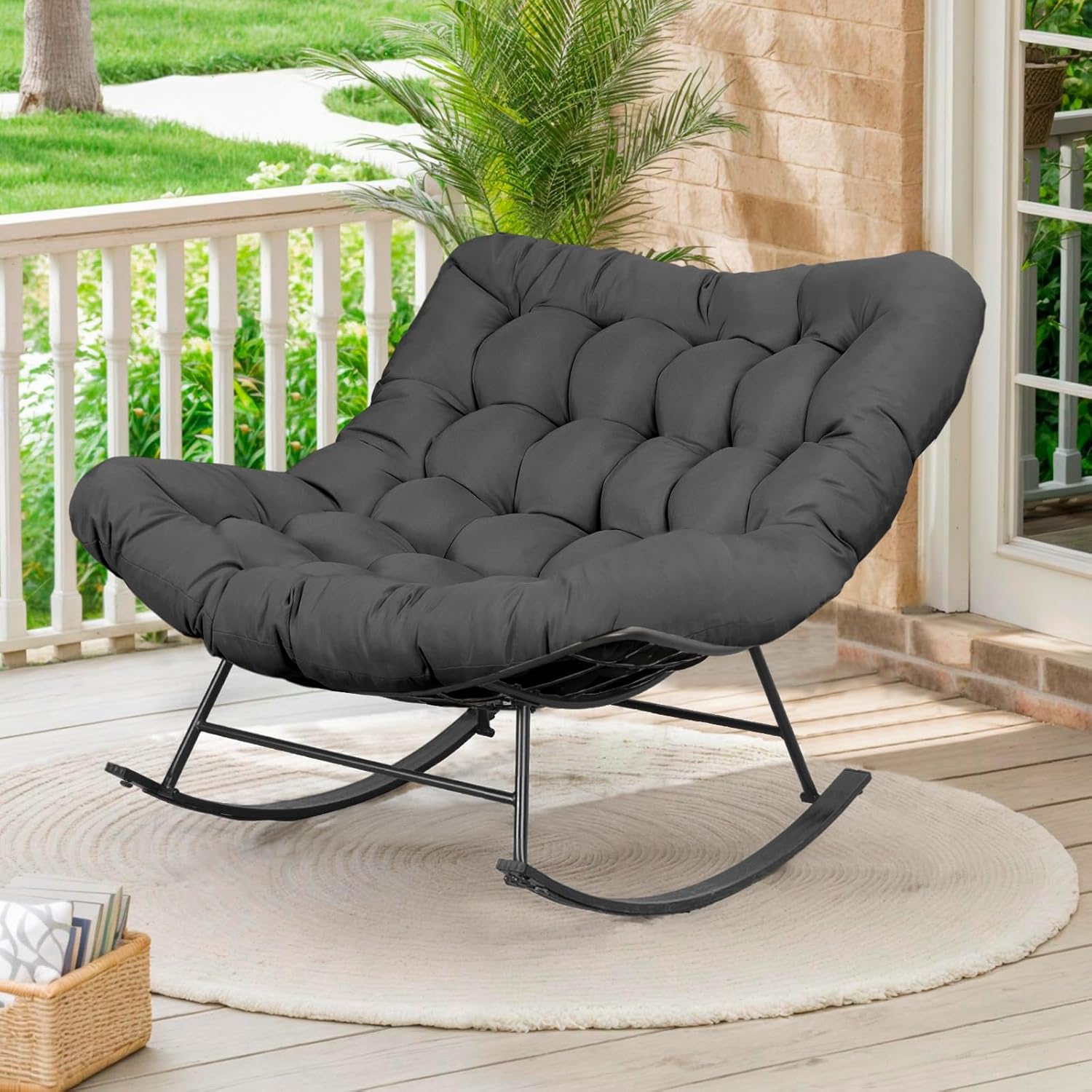 (Similar)Cushioned Rocking Papasan Chair for Outdoor Indoor, Oversized Outdoor Rocking Chair with Cushion, Egg Rocker for Patio, Porch, Balcony, Lawn, Bedroom, Living Room, Gray Grey 1pc chair