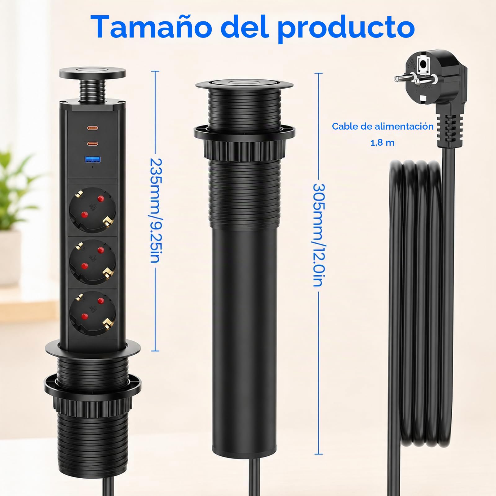Enchufe empotrable retráctil con 3 Tomas, USB-C PD 30W, Ø60 mm | Regleta empotrable con USB-C2 y USB-A 15W, 4000W/16A, cable 1,8 m, escritorio, cocina y oficina, negro