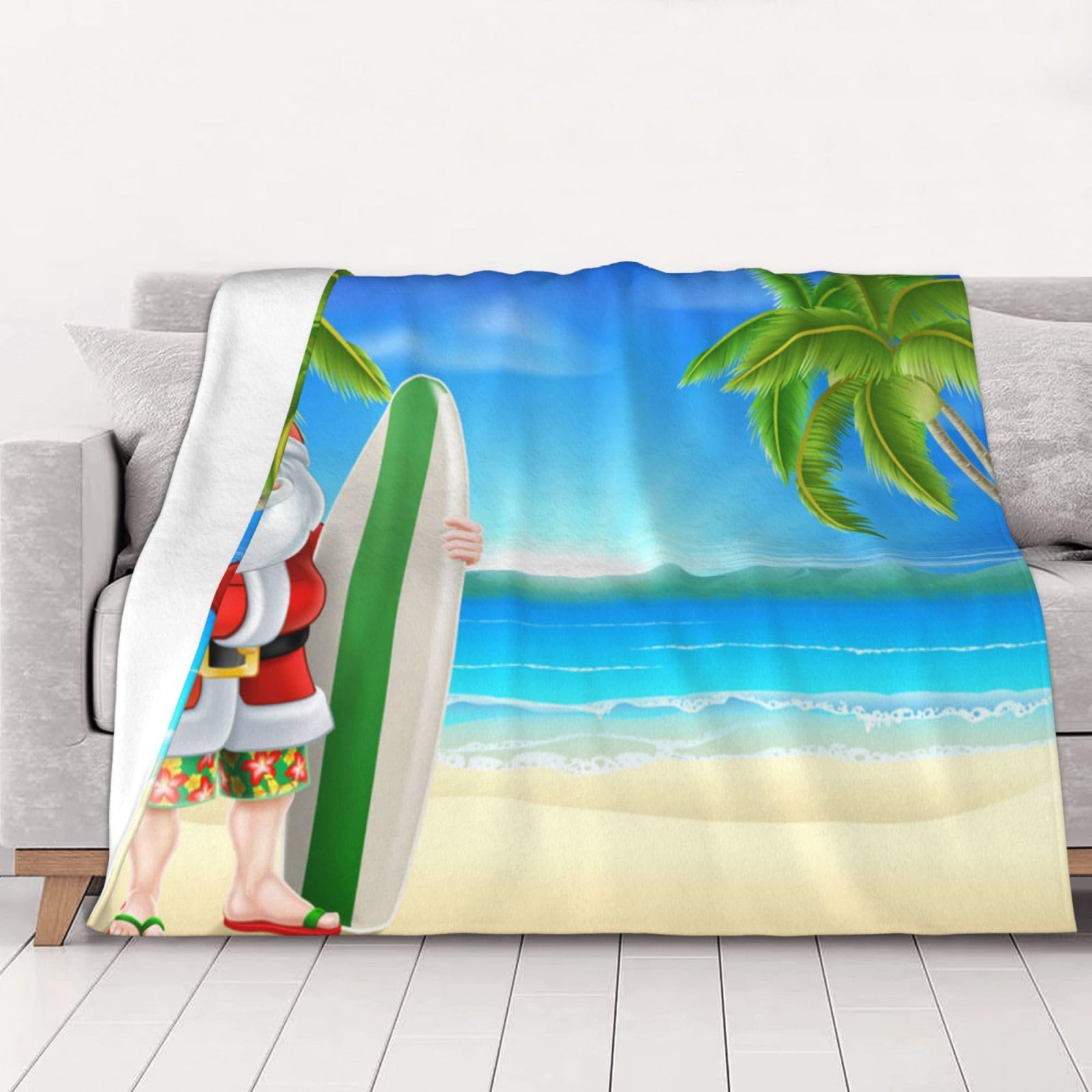 AUBKFELD Santa Claus with The Beach and Surfboard Printed Flannel Blanket 102x76 CM, Soft & Warm Throw Blanket for Sofa/Couch/Bed/Car, Gifts for Audlts Women Men