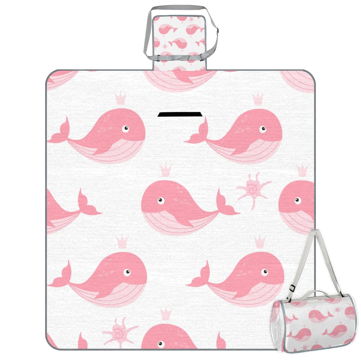 Shimoshe Picnic Blankets 57”x 59”, Pink Crown Whale Waterproof Sandproof Picnic Mat Lightweight Foldable Beach Blanket for Camping Park Grass Beach Outdoor Blanket