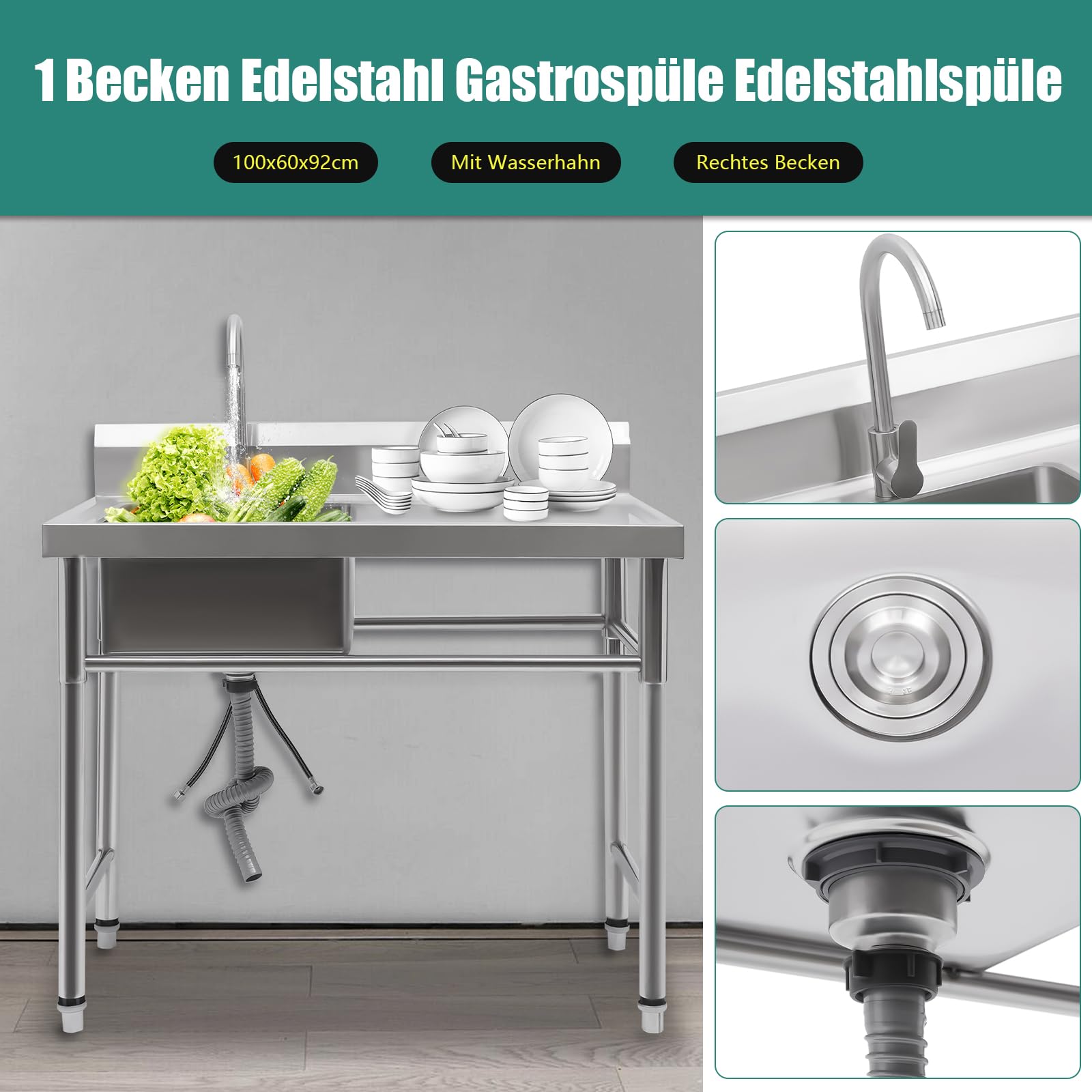 Spülbecken Edelstahl Küche Spülbecken Organizer, Edelstahl Arbeitstisch Küche mit Spüle und Armatur, Spülbecken Mobile für Außen Innen Garten Freistehend 100x60x93cm