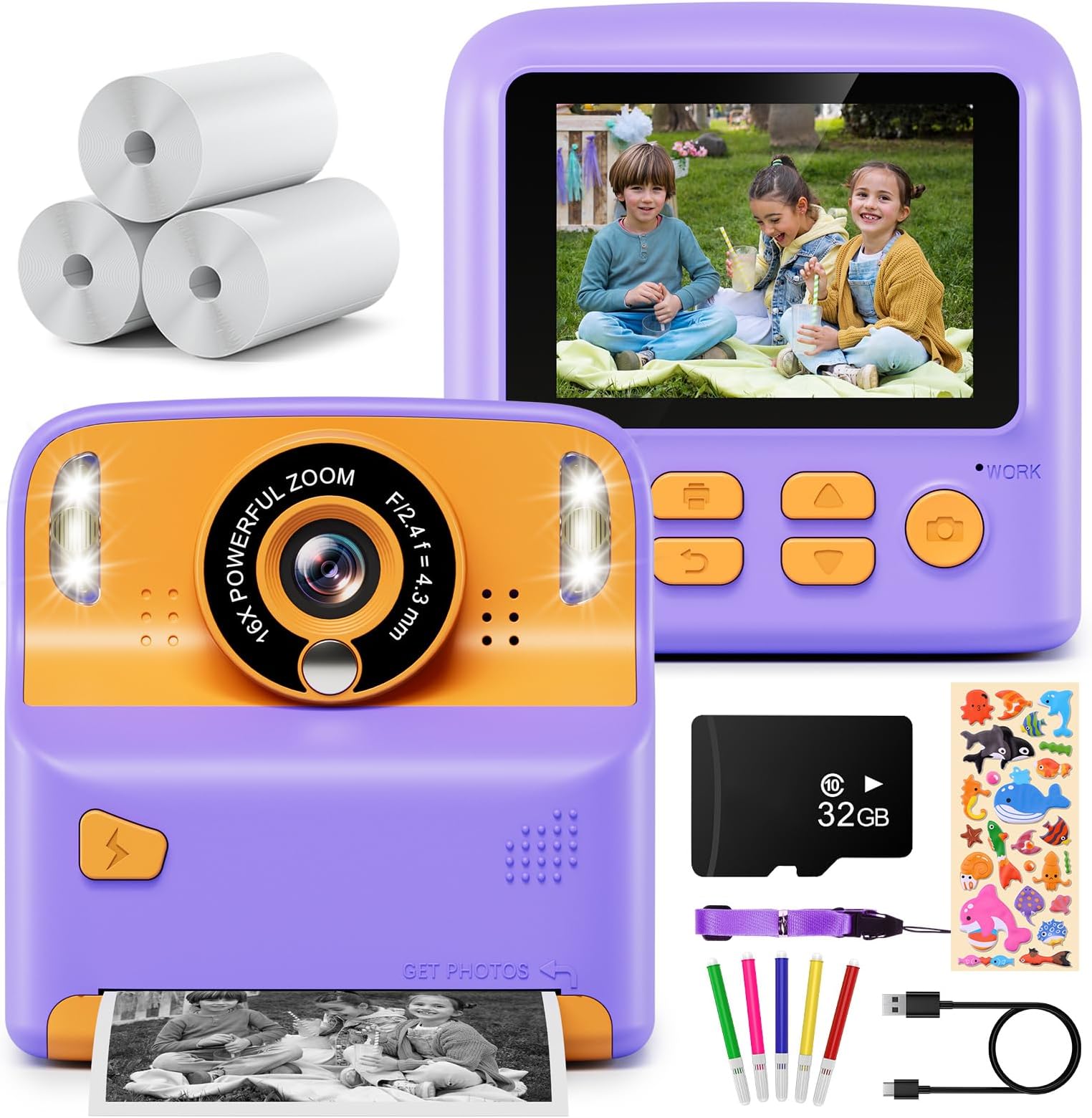 Hangrui Appareil Photo Instantané Enfant 3,0″ – 1080P, 14MP, Impression Thermique, 32 Go, 5 Stylos, Rose, Dès 3 Ans